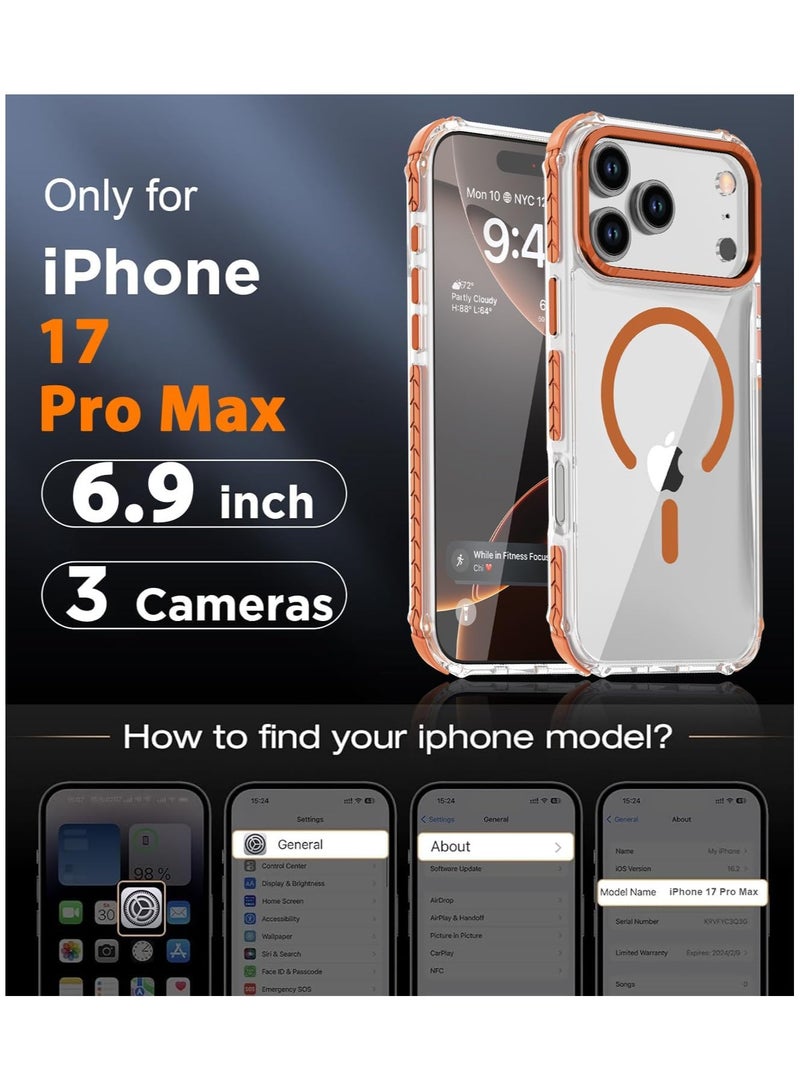 HaDoii Strong Magnetic Case for iPhone 17 Pro Max 6.9-Inch,[Compatible with Magsafe] [Aluminum Camera Frame] Clear Slim Shockproof Protective Phone Cover-Transparent+Orange - Image 2